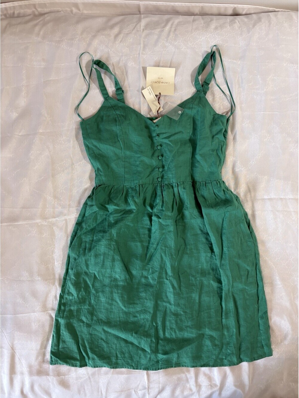 Cynthia Rowley Green Linen Sweetheart Sundress Button Front Adjustable Straps 8